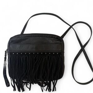Camila Alves Black Leather & Suede Fringe Crossbody Bag